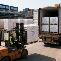 polydadmac-powder-container-loading-forklift-export Industrial export of PolyDADMAC Powder CAS 26590-05-6: a forklift loading packaged pallets into a shipping container at a chemical factory, ensuring reliable global B2B supply for water treatment plants.