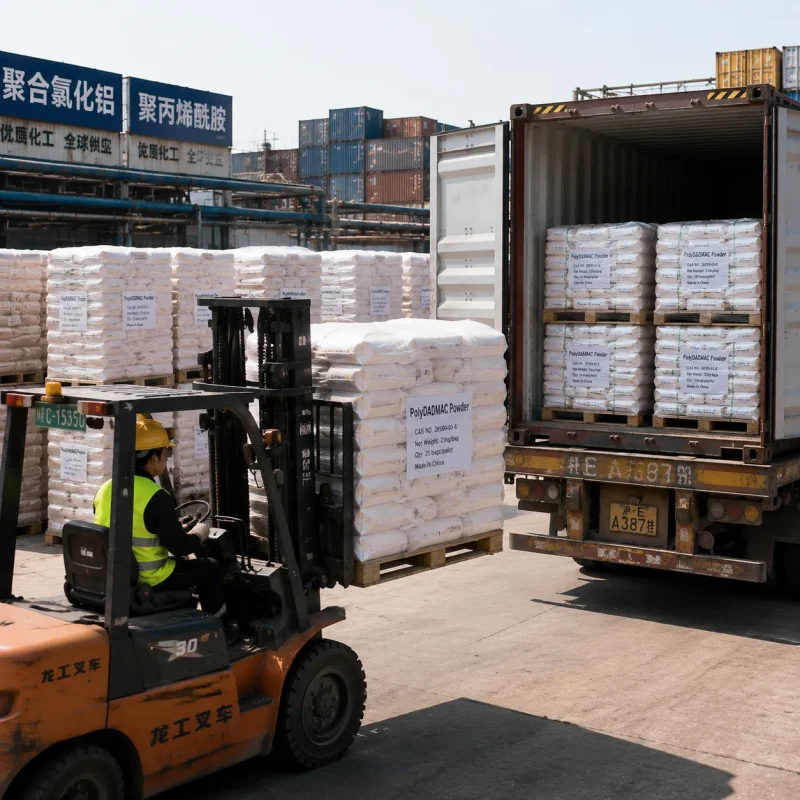 polydadmac-powder-container-loading-forklift-export Industrial export of PolyDADMAC Powder CAS 26590-05-6: a forklift loading packaged pallets into a shipping container at a chemical factory, ensuring reliable global B2B supply for water treatment plants.