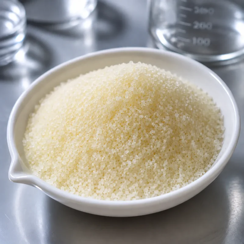 polydadmac-powder-white-granules-closeup-cas-26590-05-6 Close-up macro shot of fine white granular PolyDADMAC Powder CAS 26590-05-6 in a white dish, showcasing its high purity, uniform particle size, and excellent solubility for oilfield and sewage treatment applications.