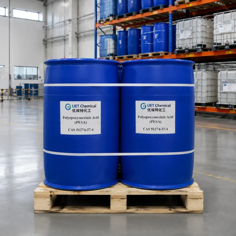 polyepoxysuccinic-acid-pesa-cas-51274-37-4-blue-drums Two blue plastic drums of Polyepoxysuccinic Acid (PESA) CAS 51274-37-4 on wooden pallet in warehouse