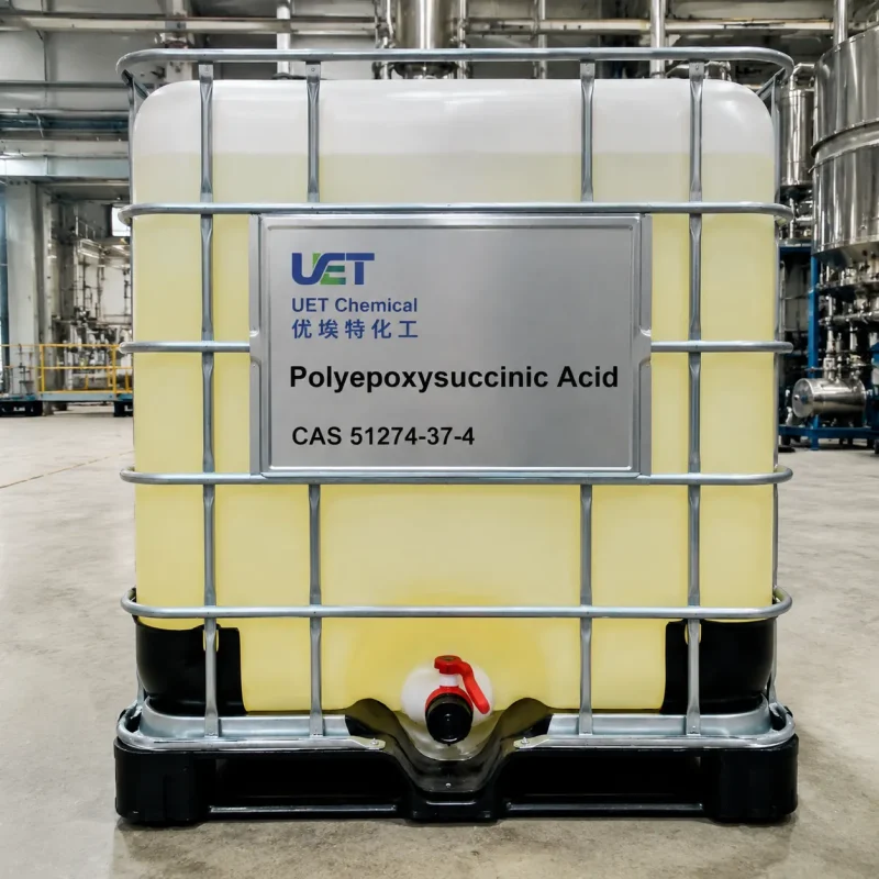 polyepoxysuccinic-acid-pesa-cas-51274-37-4-ibc-tote IBC tote of Polyepoxysuccinic Acid (PESA) CAS 51274-37-4 filled with pale yellow liquid in UET Chemical factory