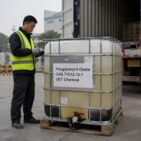 polyglyceryl-4-oleate-cas-71012-10-7-1000kg-ibc-tote-export-loading UET Chemical worker checking a 1000 kg IBC tote of Polyglyceryl-4 Oleate (CAS 71012-10-7) before export container loading