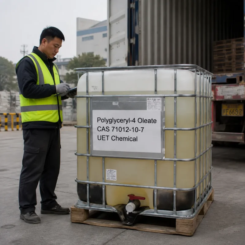 polyglyceryl-4-oleate-cas-71012-10-7-1000kg-ibc-tote-export-loading UET Chemical worker checking a 1000 kg IBC tote of Polyglyceryl-4 Oleate (CAS 71012-10-7) before export container loading