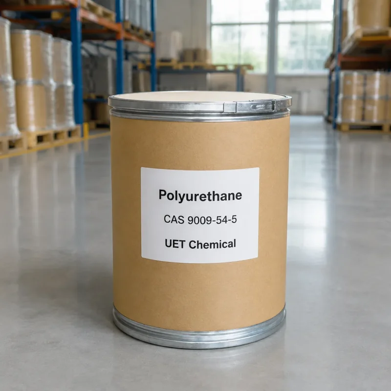 polyurethane-cas-9009-54-5-fiber-drum-packaging Kraft fiber drum of polyurethane (CAS 9009-54-5) with metal lever-lock lid in warehouse – UET Chemical