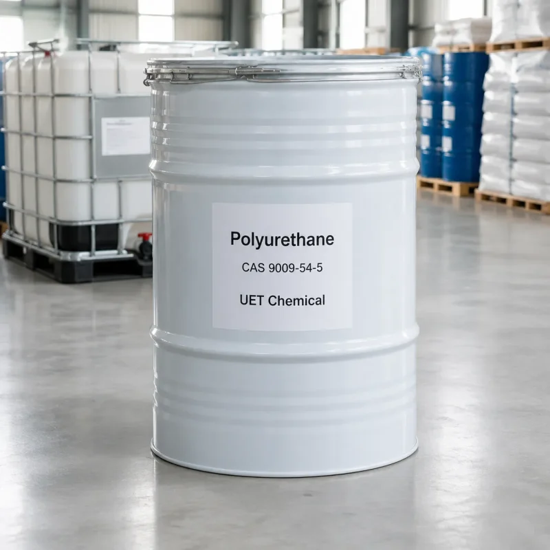 polyurethane-cas-9009-54-5-steel-drum-packaging White steel drum of polyurethane (CAS 9009-54-5) with lever-lock lid in warehouse, bulk supply – UET Chemical