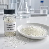 polyurethane-cas-9009-54-5-transparent-granules-sample Transparent polyurethane granules (CAS 9009-54-5) in glass vial and white dish, laboratory sample – UET Chemical