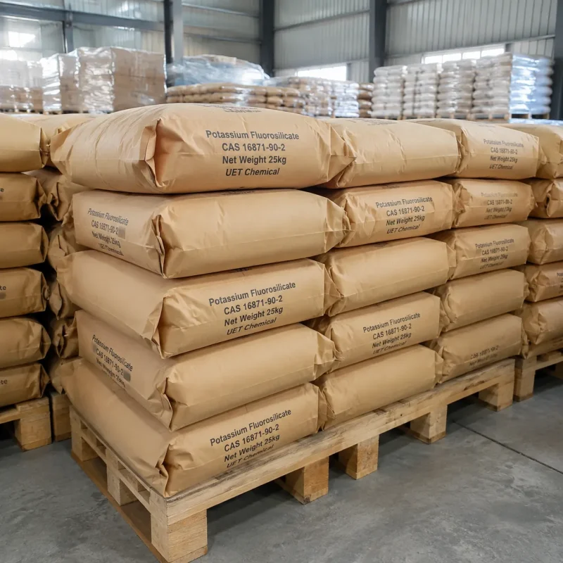 potassium-fluorosilicate-cas-16871-90-2-25kg-paper-bag-pallet Stacked brown kraft paper bags (Net Weight: 25kg each) of Potassium Fluorosilicate (CAS 16871-90-2) on wooden pallets in warehouse, all printed with UET Chemical logo, bulk packaging for export and industrial supply