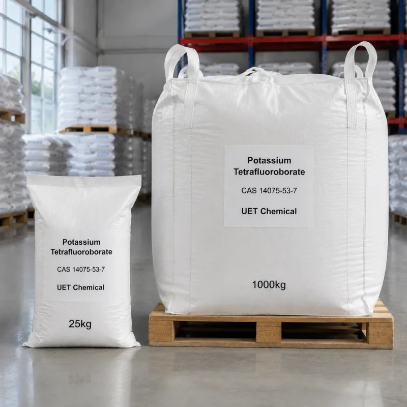 potassium-tetrafluoroborate-cas-14075-53-7-bulk-packaging Potassium tetrafluoroborate CAS 14075-53-7 packed in 25kg woven bag and 1000kg FIBC ton bag on pallet, UET Chemical warehouse