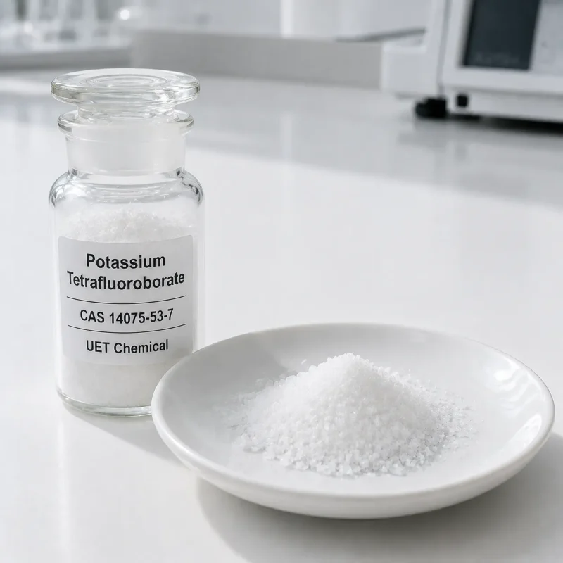 potassium-tetrafluoroborate-cas-14075-53-7-white-crystals White potassium tetrafluoroborate crystals CAS 14075-53-7 in glass reagent bottle and porcelain dish, UET Chemical lab