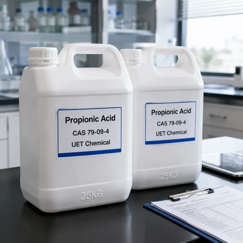 propionic-acid-cas-79-09-4-25kg-plastic-jug-lab-bench-uetchmical Two 25KG white plastic jugs of Propionic Acid CAS 79-09-4 on lab bench with clipboard, perfect for medium-scale lab experiments and quality control by UET Chemical.