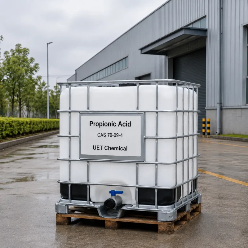 propionic-acid-cas-79-09-4-ibc-tote-outdoor-factory-uetchmical IBC tote container of Propionic Acid CAS 79-09-4 placed outdoors near factory building, designed for large-volume transport and industrial application by UET Chemical.