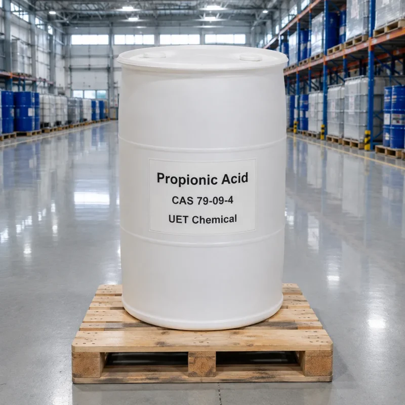 propionic-acid-cas-79-09-4-industrial-plastic-drum-warehouse-uetchmical White industrial plastic drum of Propionic Acid CAS 79-09-4 on wooden pallet in warehouse, ideal for bulk storage and B2B chemical supply by UET Chemical.