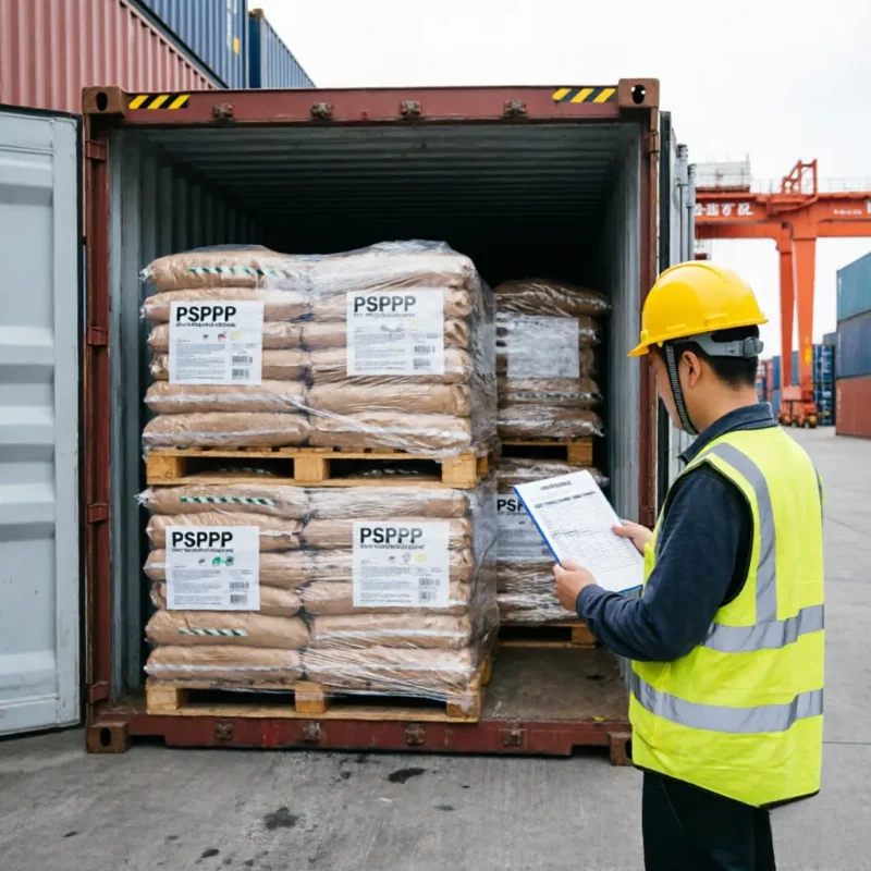 psppp-container-loading-inspection-export-logistics Bulk export of PSPPP chemical: palletized bags loaded into a shipping container with a worker in safety gear checking shipping documents for reliable global B2B delivery.