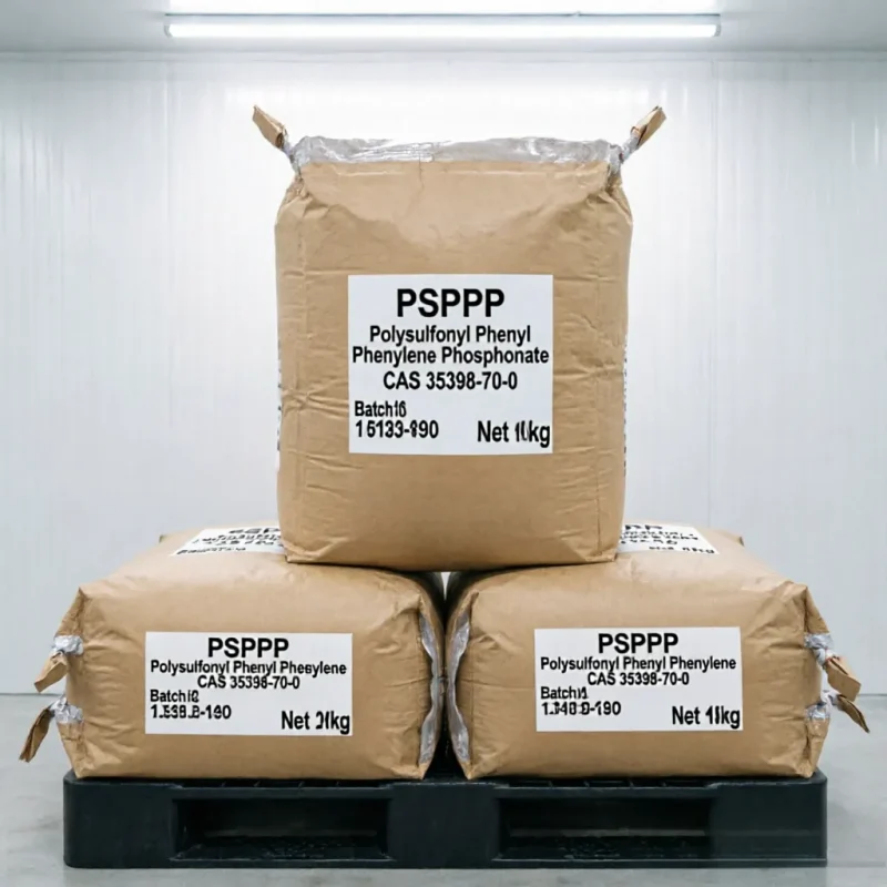 psppp-kraft-paper-bags-pallet-packaging Polysulfonyl Phenyl Phenylene Phosphonate (PSPPP) packed in 11kg kraft paper bags, stacked on a black plastic pallet with clear CAS 35398-70-0 and batch number labels for industrial B2B supply.