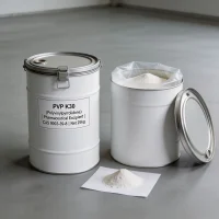 pvp-k30-pharmaceutical-excipient-25kg-drum-packaging 25kg drum packaging of PVP K30 (Polyvinylpyrrolidone) CAS 9003-39-8 Pharmaceutical Excipient, showing the sealed moisture-proof inner plastic liner and an open top ready for sampling, essential for safe global pharmaceutical supply chains.