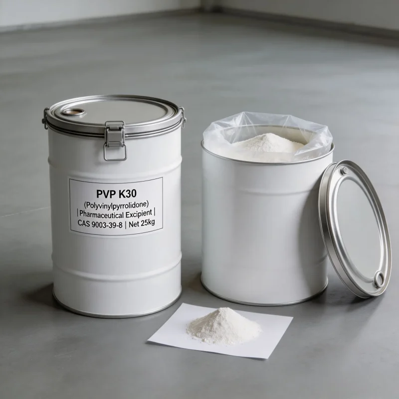 pvp-k30-pharmaceutical-excipient-25kg-drum-packaging 25kg drum packaging of PVP K30 (Polyvinylpyrrolidone) CAS 9003-39-8 Pharmaceutical Excipient, showing the sealed moisture-proof inner plastic liner and an open top ready for sampling, essential for safe global pharmaceutical supply chains.