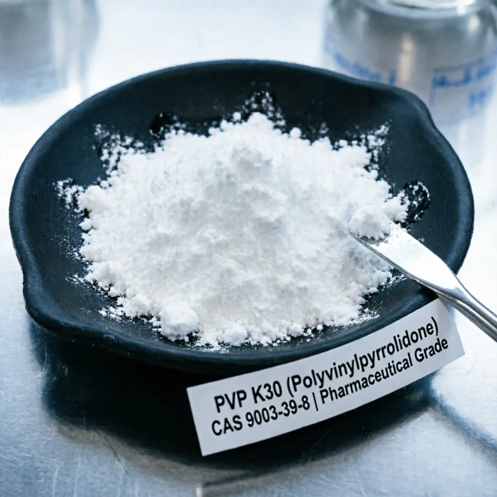Pharmaceutical Grade PVP K30 (Polyvinylpyrrolidone) CAS 9003-39-8 fine white powder in a black dish, accompanied by a stainless steel spatula and a specific purity label, ideal for use as a tablet binder and film-forming agent.