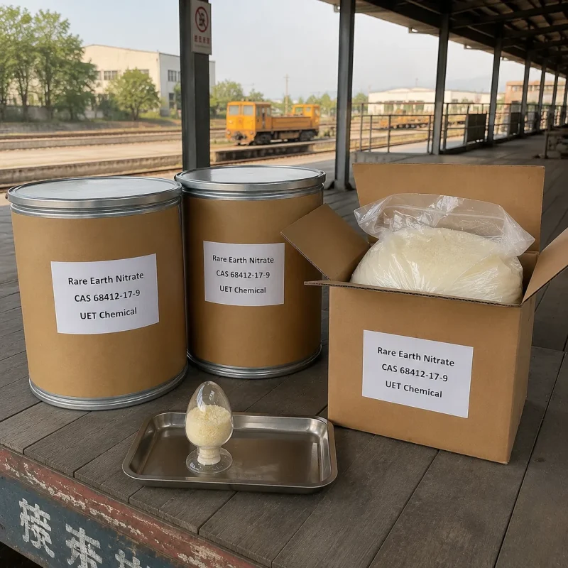 rare-earth-nitrate-cas-68412-17-9-industrial-packaging-export-supply Rare Earth Nitrate CAS 68412-17-9 packed in industrial metal drums and cartons with inner bags for bulk chemical export shipment.