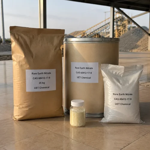Rare Earth Nitrate CAS 68412-17-9 powder displayed with 25kg bags, metal drum packaging and laboratory sample container for industrial chemical supply.