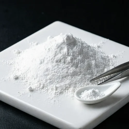 rivaroxaban-cas-366789-02-8-pure-white-powder-api-raw-material Macro close-up of high-purity Rivaroxaban CAS 366789-02-8 white powder piled on a ceramic plate, highlighting its fine texture and premium quality for pharmaceutical API synthesis.
