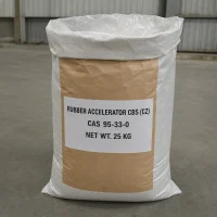 rubber-accelerator-cbs-25kg-bag-cas-95-33-0 A 25kg net weight bag of Rubber Accelerator CBS (CZ) with a clear CAS number 95-33-0 label, providing essential industrial raw material for rubber vulcanization.