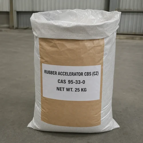 rubber-accelerator-cbs-25kg-bag-cas-95-33-0 A 25kg net weight bag of Rubber Accelerator CBS (CZ) with a clear CAS number 95-33-0 label, providing essential industrial raw material for rubber vulcanization.
