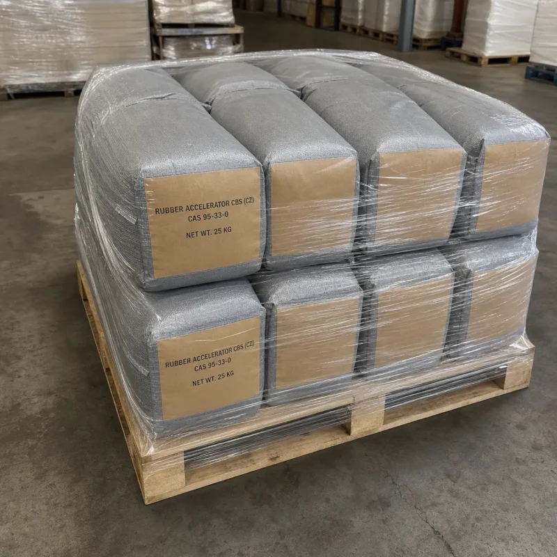 rubber-accelerator-cbs-pallet-export-packaging Full pallet packaging of Rubber Accelerator CBS (CZ) bags wrapped in plastic film, stacked neatly for stable global B2B shipping and export.