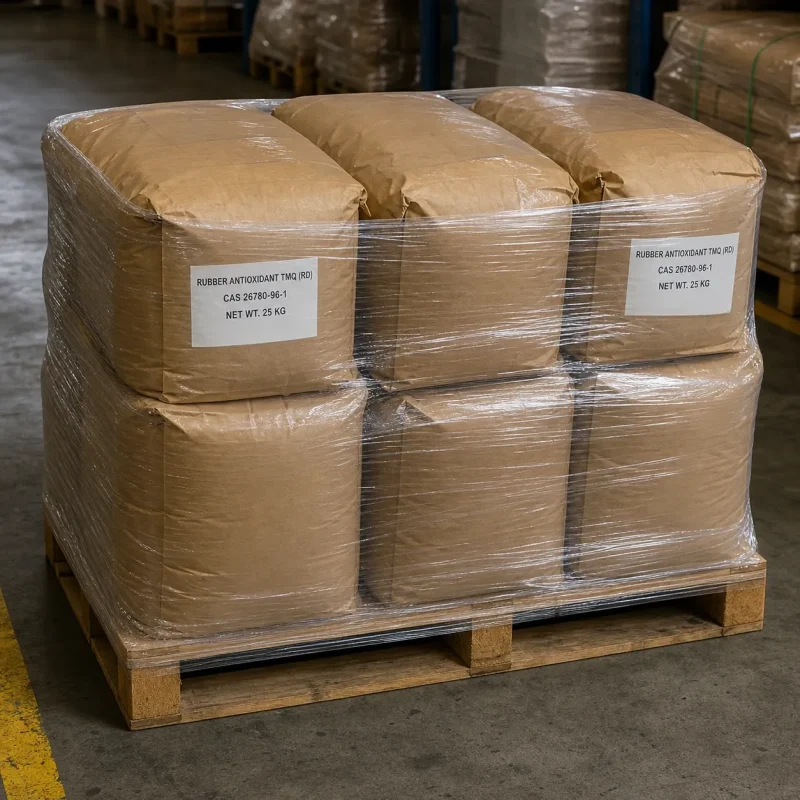 rubber-antioxidant-tmq-rd-25kg-bags-pallet-stretch-wrap Wooden pallet of Rubber Antioxidant TMQ (RD) 25kg kraft bags tightly stretch-wrapped, displaying the clear CAS 26780-96-1 label, ensuring safe bulk transport for global rubber manufacturers.