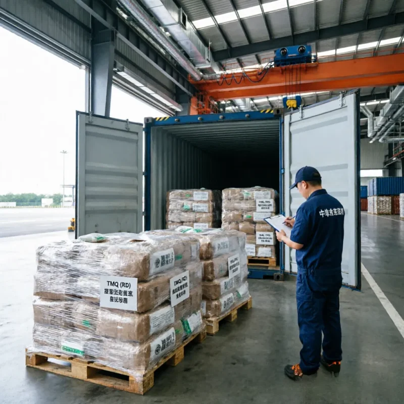 rubber-antioxidant-tmq-rd-export-container-loading Industrial shipping scene: Bulk pallets of Rubber Antioxidant TMQ (RD) being loaded into a 20ft shipping container while a warehouse worker inspects the export cargo list for reliable B2B chemical delivery.