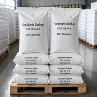 saccharin-sodium-25kg-bags-stacked-warehouse-pallet-cas-128-44-9 Stacked bags of saccharin sodium CAS 128-44-9 by UET Chemical on warehouse pallet with bulk stock ready for shipment