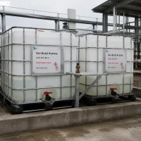 sec-butyl-acetate-cas-105-46-4-ibc-tote-bulk-packaging Two white IBC totes containing Sec-Butyl Acetate CAS 105-46-4 with flammable liquid warning labels at a chemical plant, bulk solvent supply by UET Chemical