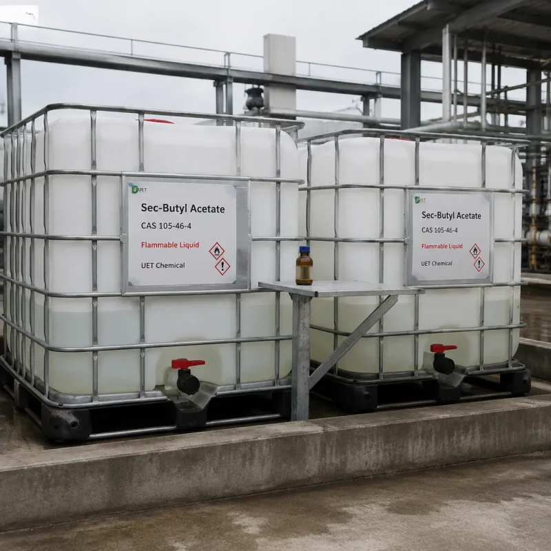 sec-butyl-acetate-cas-105-46-4-ibc-tote-bulk-packaging Two white IBC totes containing Sec-Butyl Acetate CAS 105-46-4 with flammable liquid warning labels at a chemical plant, bulk solvent supply by UET Chemical