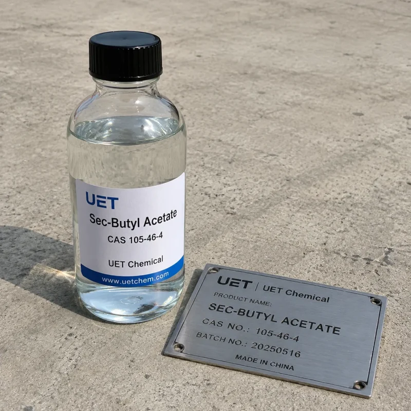 sec-butyl-acetate-cas-105-46-4-sample-bottle-specification-plate Clear liquid Sec-Butyl Acetate CAS 105-46-4 in a glass sample bottle next to a metal product specification plate showing batch number and Made in China by UET Chemical
