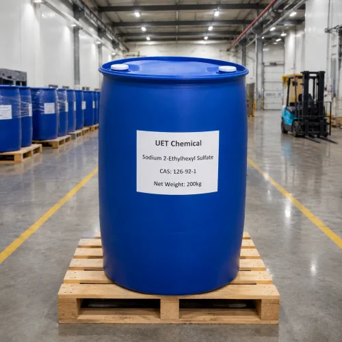 200kg blue plastic drum of sodium 2-ethylhexyl sulfate CAS 126-92-1 on wooden pallet in UET Chemical warehouse