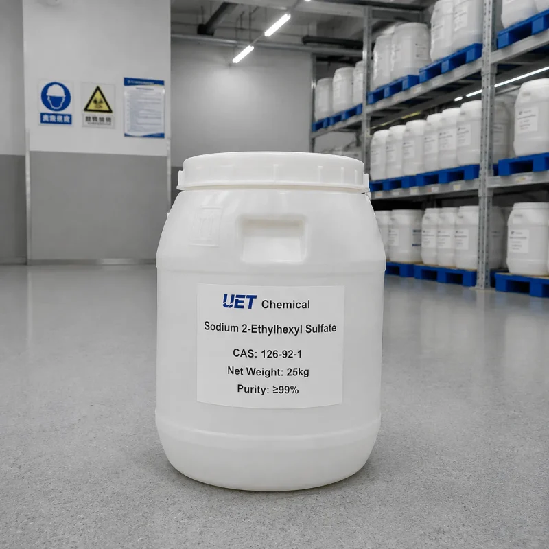 sodium-2-ethylhexyl-sulfate-25kg-plastic-drum-cas-126-92-1 25kg white plastic drum of sodium 2-ethylhexyl sulfate CAS 126-92-1, 99% min purity, by UET Chemical in warehouse