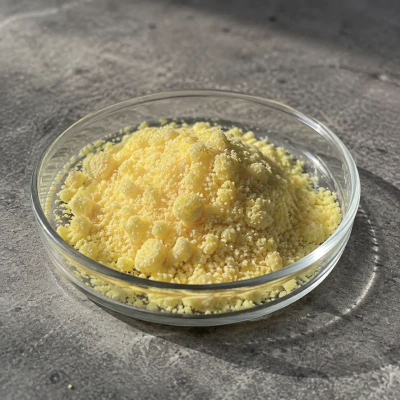 sodium-6-hydroxy-2-naphthalenesulfonate-cas-135-76-2-powder-sample Sodium 6-Hydroxy-2-Naphthalenesulfonate CAS 135-76-2 pale yellow powder sample displayed in a glass dish for chemical material identification