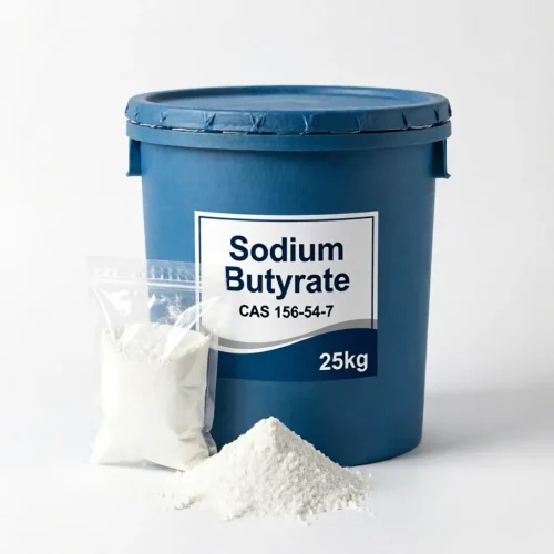 sodium-butyrate-cas-156-54-7-25kg-plastic-drum-sample-packaging 25kg blue plastic drum of Sodium Butyrate CAS 156-54-7 with an inner sealed sample bag and loose white powder, indicating commercial bulk packaging options alongside flexible sample testing availability.