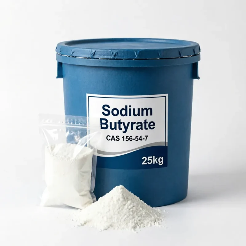 sodium-butyrate-cas-156-54-7-25kg-plastic-drum-sample-packaging 25kg blue plastic drum of Sodium Butyrate CAS 156-54-7 with an inner sealed sample bag and loose white powder, indicating commercial bulk packaging options alongside flexible sample testing availability.