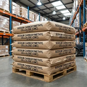 Bulk warehouse stock of Sodium Carboxymethyl Cellulose (CMC, CAS 9004-32-4) 25kg bags piled on a wooden pallet, demonstrating strong industrial supply chain capability and ready-to-ship inventory for global B2B distributors.