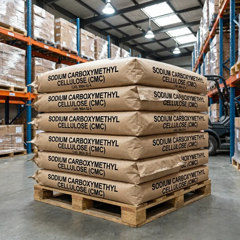 Bulk warehouse stock of Sodium Carboxymethyl Cellulose (CMC, CAS 9004-32-4) 25kg bags piled on a wooden pallet, demonstrating strong industrial supply chain capability and ready-to-ship inventory for global B2B distributors.