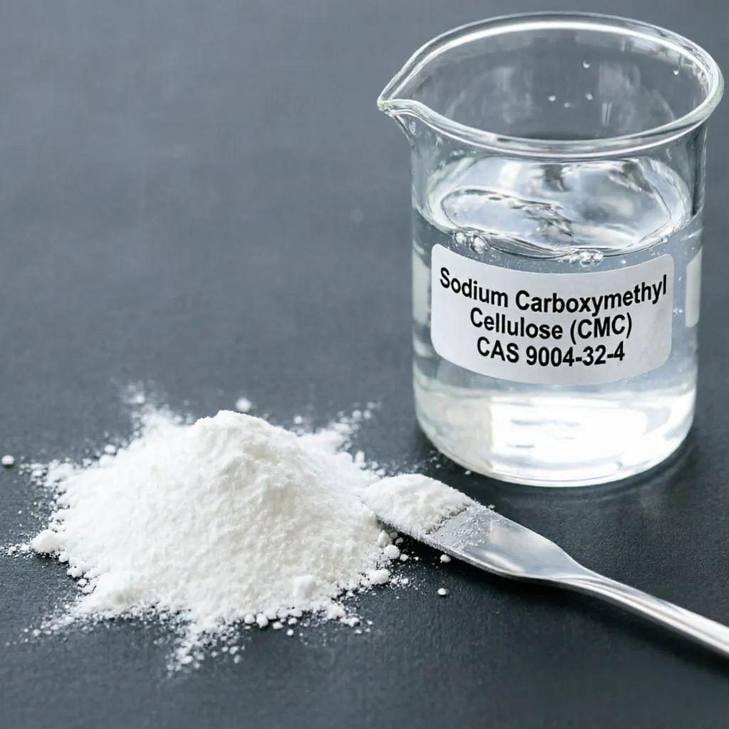 Top-grade fine white powder and clear aqueous solution of Sodium Carboxymethyl Cellulose (CMC, CAS 9004-32-4), emphasizing its pure appearance, excellent dissolution rate, and wide compatibility for toothpaste, pharmaceutical excipients, and cosmetic formulations.