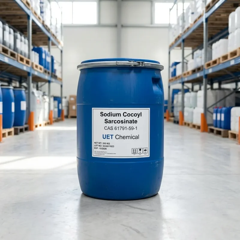 sodium-cocoyl-sarcosinate-200kg-drum-packaging Sodium Cocoyl Sarcosinate CAS 61791-59-1 packed in 200kg blue plastic drum