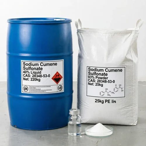 Industrial bulk packaging for Sodium Cumene Sulfonate (SCS) CAS 28348-53-0: 220kg blue drum for 40% liquid and 25kg PE bag for 93% powder with chemical structure label.