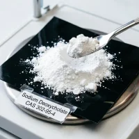 sodium-deoxycholate-cas-302-95-4-white-crystalline-powder-macro-closeup Macro close-up of fine white crystalline Sodium Deoxycholate CAS 302-95-4 powder scooped on black weighing paper, showcasing its pure, high-quality physical texture as a biochemical reagent.