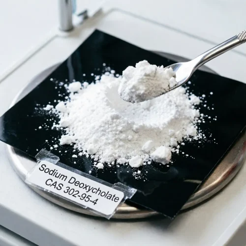 sodium-deoxycholate-cas-302-95-4-white-crystalline-powder-macro-closeup Macro close-up of fine white crystalline Sodium Deoxycholate CAS 302-95-4 powder scooped on black weighing paper, showcasing its pure, high-quality physical texture as a biochemical reagent.