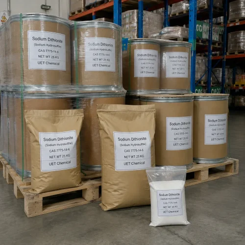 Sodium dithionite (sodium hydrosulfite) CAS 7775-14-6 packed in 25 kg fiber drums and kraft paper bags on pallets, UET Chemical warehouse stock