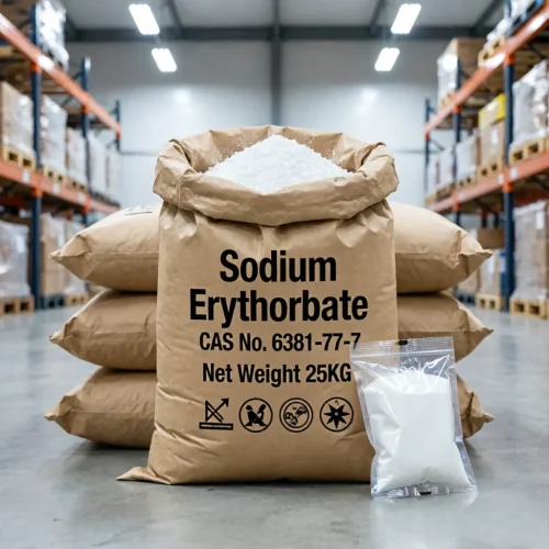 sodium-erythorbate-cas-6381-77-7-25kg-kraft-bag-sample-packaging Bulk 25kg kraft paper bag of Sodium Erythorbate CAS 6381-77-7 with a clear sample pouch, demonstrating the white crystalline product appearance and commercial packaging for wholesale supply.