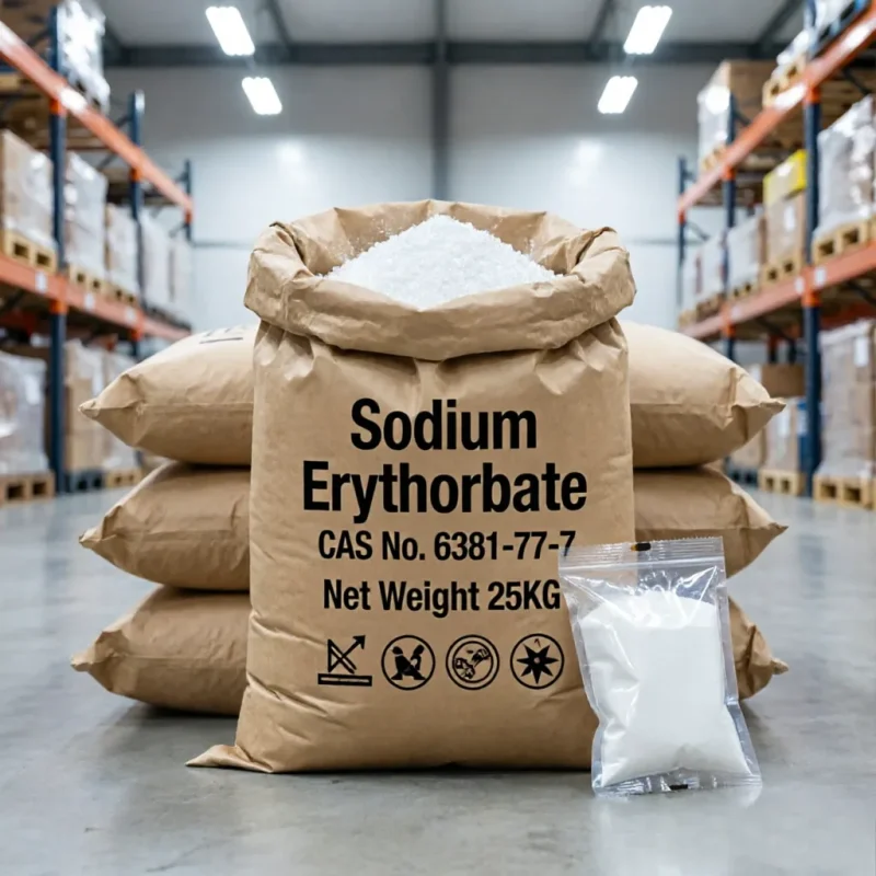 sodium-erythorbate-cas-6381-77-7-25kg-kraft-bag-sample-packaging Bulk 25kg kraft paper bag of Sodium Erythorbate CAS 6381-77-7 with a clear sample pouch, demonstrating the white crystalline product appearance and commercial packaging for wholesale supply.