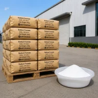 sodium-formate-cas-141-53-7-25kg-paper-bag-sample Stacked 25kg brown paper bags of Sodium Formate CAS 141-53-7 on wooden pallet, with a bowl of white powder sample in foreground, outside a factory building.