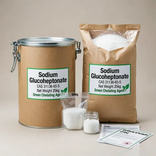 sodium-glucoheptonate-25kg-drum-bag-coa Variety of packaging options for Sodium Glucoheptonate (CAS 31138-65-5), showing both the 25kg fiber drum and kraft paper bag. Sample sachets and a glass jar are displayed up front, alongside the Certificate of Analysis (COA) and TDS documents that guarantee batch quality.